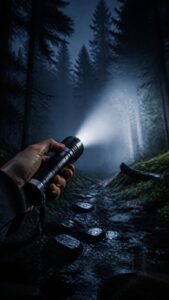 夜間森林中手持手電筒照明